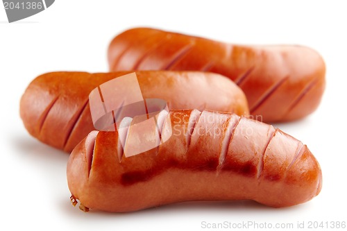 Image of grilled sausages on white background