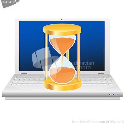Image of Hourglass on laptop. Time icon.