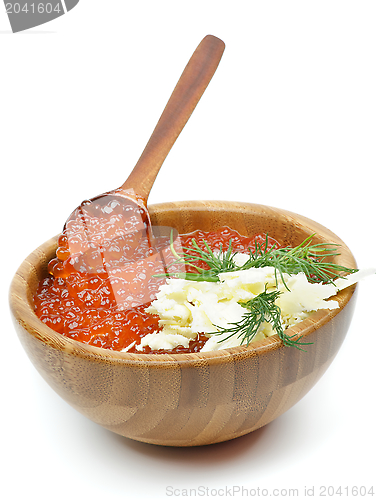 Image of Wood Bowl of Red Caviar