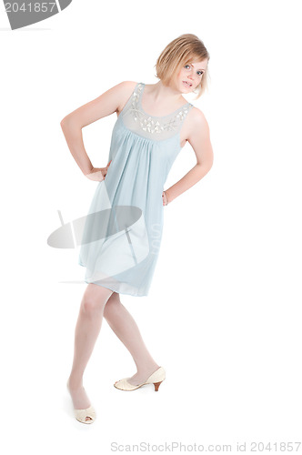 Image of Beautiful woman in blue dress