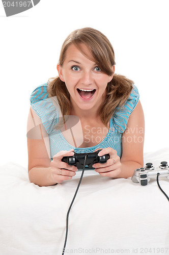 Image of Happy family playing a video game