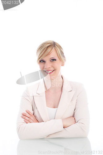 Image of Charming businesswoman in a white jacket