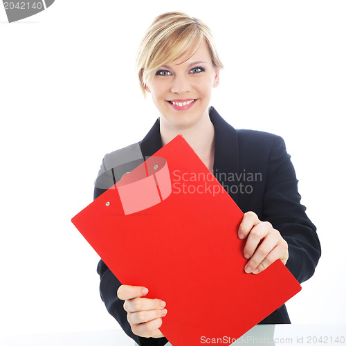 Image of Efficient businesswoman with red clipboard