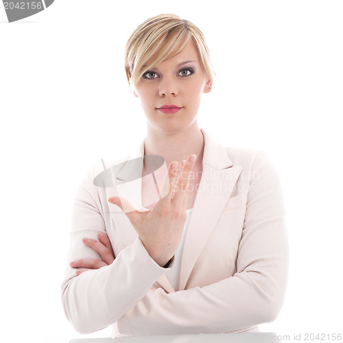 Image of Attractive woman gesticulating with her hand