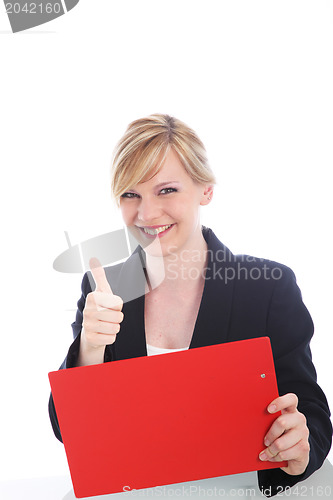 Image of Happy businesswoman giving a thumbs up