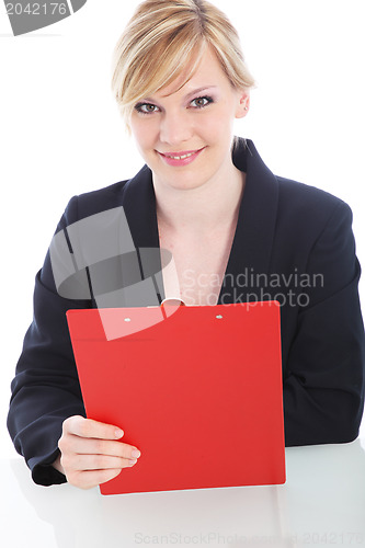 Image of Cheerful businesswoman with a red clipboard