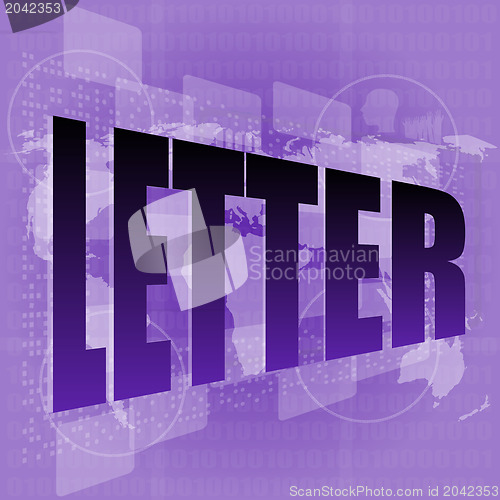 Image of letter word on digital screen with world map