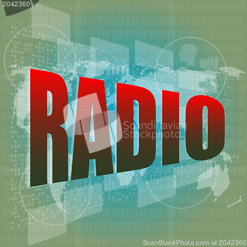 Image of radio word on digital screen background with world map