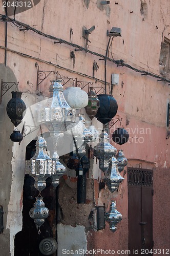 Image of Metal lamps in Moroccan market