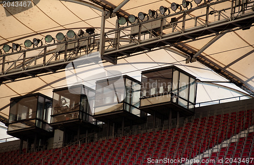 Image of soccer stadium roof with commentary cabin