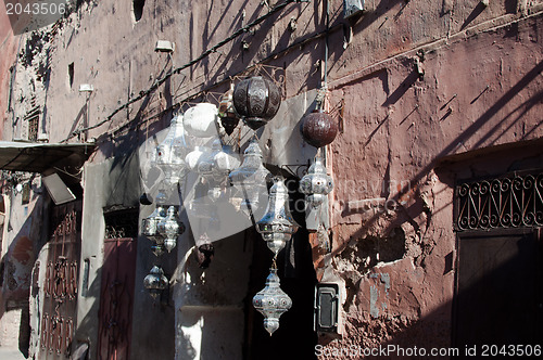 Image of Metal lamps in Moroccan market