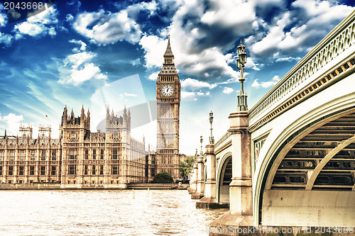 Image of Landscape of Big Ben and Palace of Westminster with Bridge and T