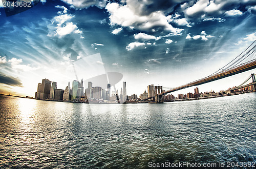 Image of Spectacular view of Brooklyn Bridge from Brooklyn shore at winte