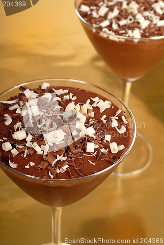 Image of Chocolate pudding in martini glasses on a gold background