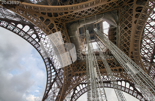 Image of Paris. Wonderful wide angle view of Eiffel Tower from street lev