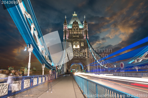 Image of Tower Bridge at Night with car light trails - London