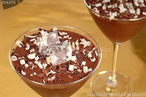 Image of Chocolate pudding with chocolate curls in martini glasses