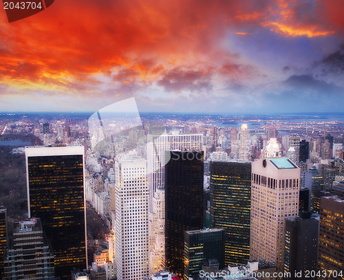 Image of Downtown aerial view at night with skyscrapers and city skyline