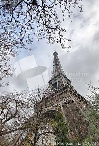 Image of Paris. Wonderful wide angle view of Eiffel Tower from street lev