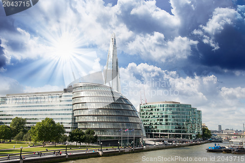 Image of New London city hall with Thames river, panoramic view from Towe