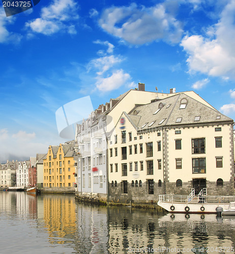 Image of Small harbor in downtown of Alesund, with Reflections - Norway