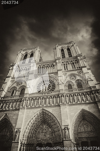 Image of Black and White dramatic view of Notre Dame Cathedral in Paris, 