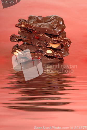 Image of Chocolate cashew and dried cherry bark in water on a red backgro