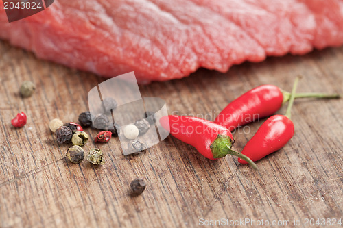 Image of raw beef steak and chilli pepper