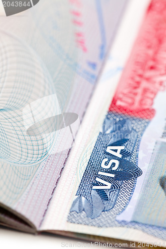 Image of macro shot of a U.S. visa on passport page 