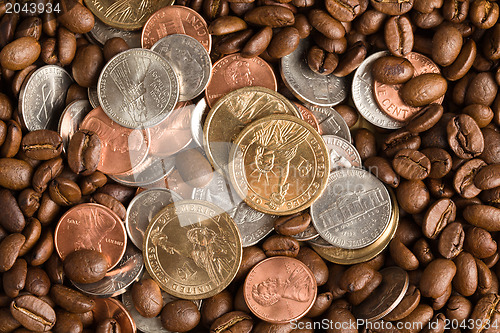 Image of coins on coffee beans background