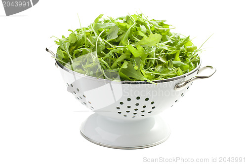 Image of arugula leaves in white colander