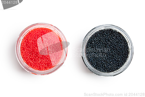 Image of red and black caviar in glass jars