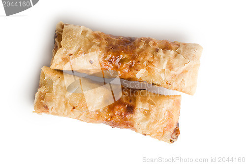 Image of spring rolls on white background