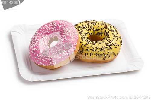 Image of sweet doughnuts on paper plate