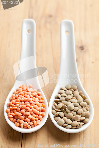 Image of red and brown lentils in porcelain spoon