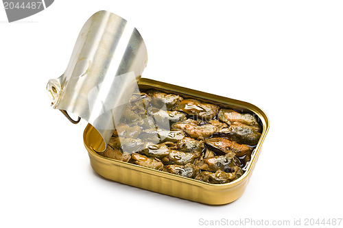 Image of smoked mussels in opened tin can