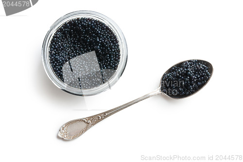 Image of black caviar in spoon