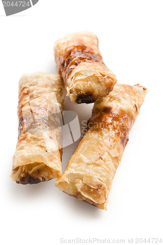 Image of spring rolls on white background