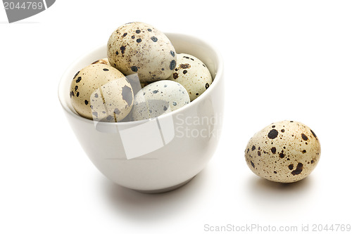 Image of quail eggs in bowl on white background