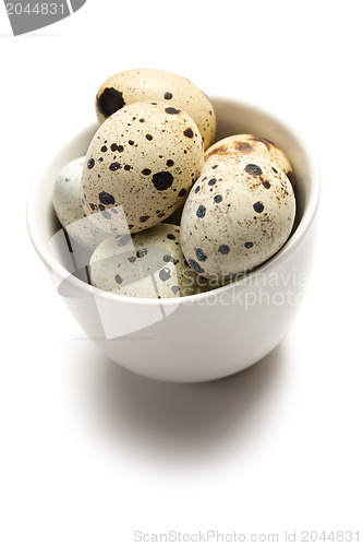 Image of quail eggs in bowl on white background
