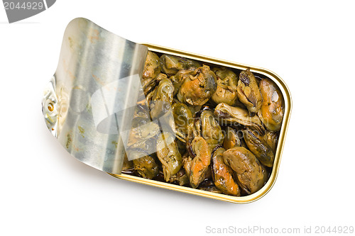 Image of smoked mussels in opened tin can