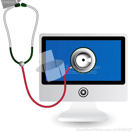 Image of Monitor and stethoscope. Computer repair concept.