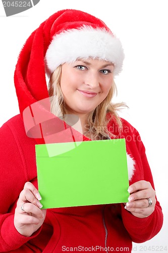 Image of joyful pretty santa woman with empty sign