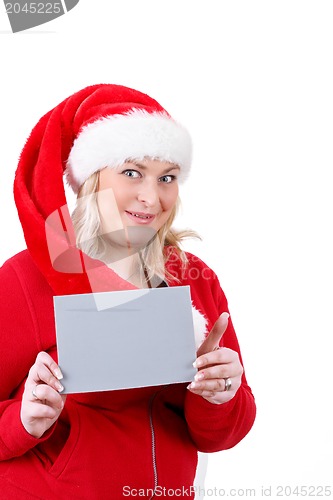 Image of joyful pretty santa woman with empty sign