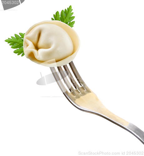 Image of dumplings on a fork