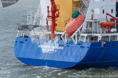 Image of Rear of Cargo Ship showing lifeboat