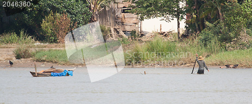 Image of A vietnamese fisherman is searching for snakes and shells in the