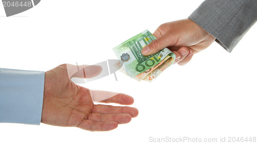 Image of Woman giving 150 euro to a man (business)