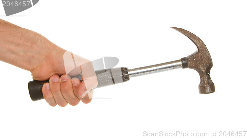 Image of Man holding a old metal hammer