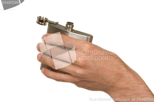 Image of Flask in hand isolated on white 